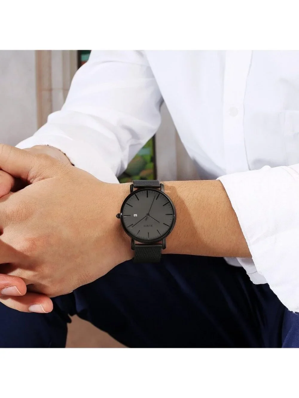 Men's Black Classic Mesh Strap Minimalist Analog Quartz Waterproof Wrist Watch